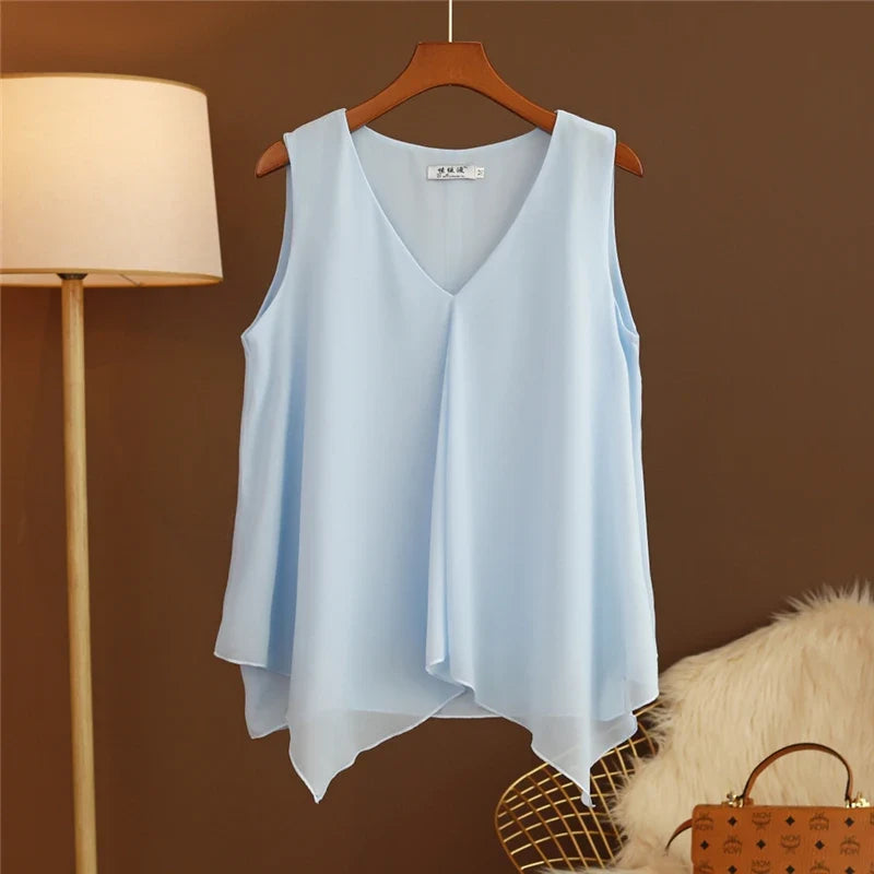 Women's Chiffon V Neck Blouse - Loose Sleeveless Plus Size Fashion Top M-5XL
