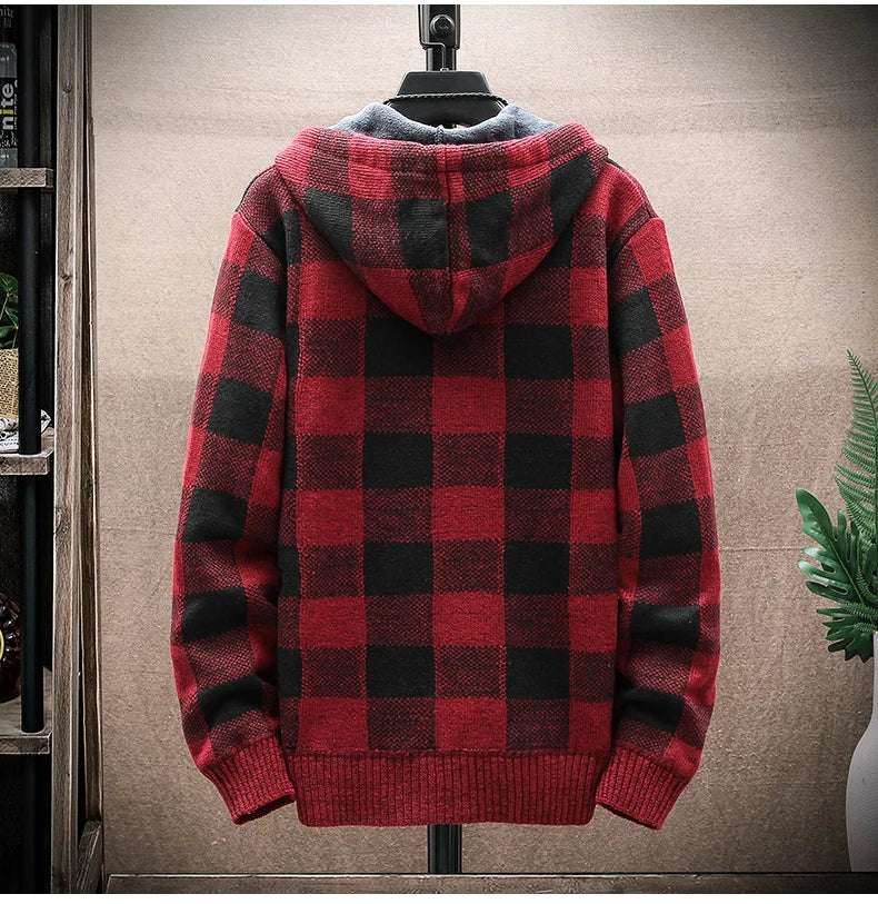 Men's Winter Plaid Hooded Cardigan – Warm Wool Fleece Zipper Jacket Knit Sweater Coat