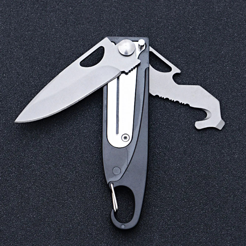 New Keychain Stainless Steel Folding Knife – Multi-Function Tool with Bottle Opener, Rope Cutter & Screwdriver