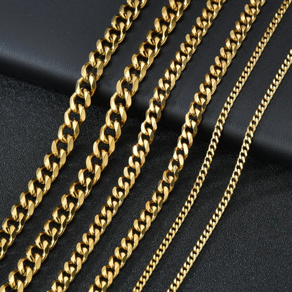 Basic Punk Cuban Chain Necklace – 3mm/5mm/7mm Stainless Steel Curb Link Choker for Men & Women, Black & Gold Colors