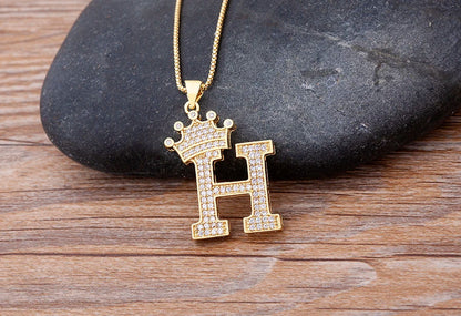 Nidin Luxury A-Z Crown Alphabet Pendant – Copper Zircon Initial Necklace Chain, Hip-Hop Style Jewelry for Men & Women