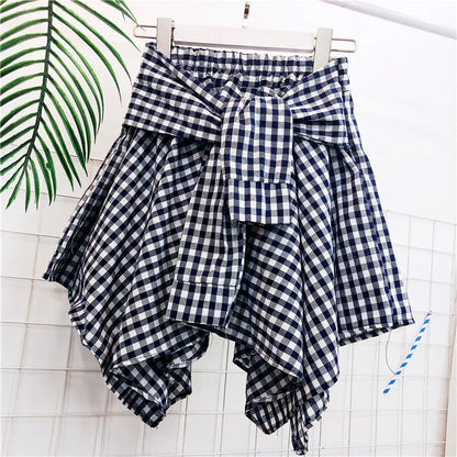 TOTRUST Women’s Fashion Asymmetrical Summer Plaid Mini Skirt – Casual College Style Fake Shirt Design