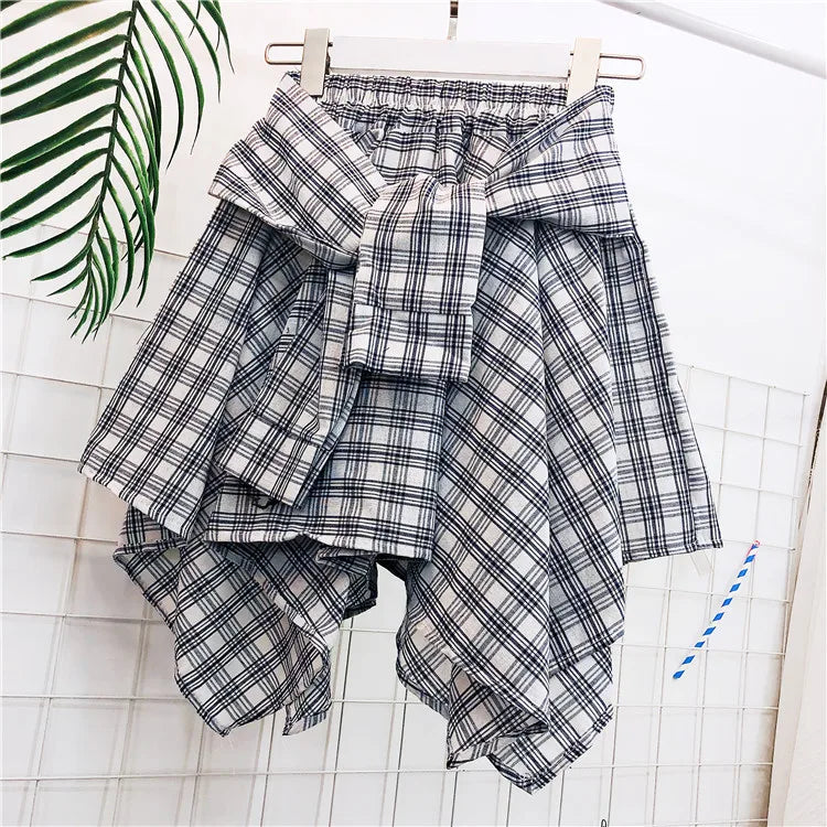 TOTRUST Women’s Fashion Asymmetrical Summer Plaid Mini Skirt – Casual College Style Fake Shirt Design