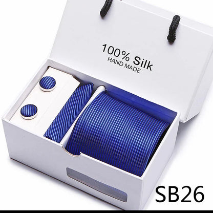 100% Silk Tie Gift Set - Classic Striped Wedding Necktie with Handkerchief for Men