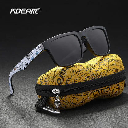 KDEAM Polarized Men’s Sunglasses – Matte Black Frame with Painting Temples & Protective Case