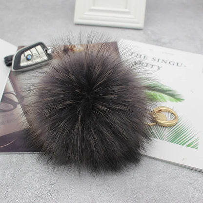Luxury 15cm Fluffy Real Raccoon Fur Pom Pom Keychain – High-Quality Metal Ring Pendant for Women
