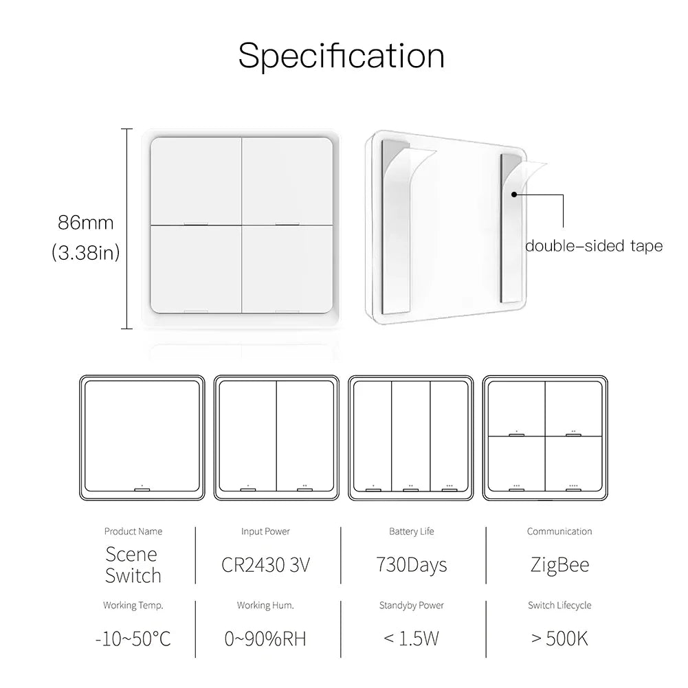 MOES 4-Gang Tuya ZigBee Wireless Scene Switch – Battery-Powered Smart Controller for Tuya Automation