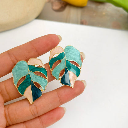 925 Silver Leaf Earrings for Women – Modern Geometric Green & White Trendy Jewelry Gift