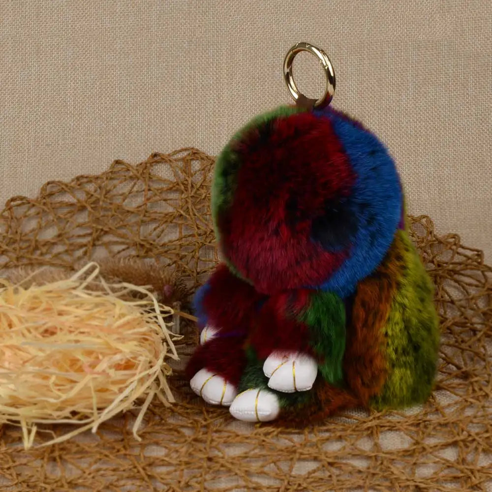 Genuine Rex Rabbit Fur Keychain - Fluffy Bunny Bag Charm and Car Pendant for Women