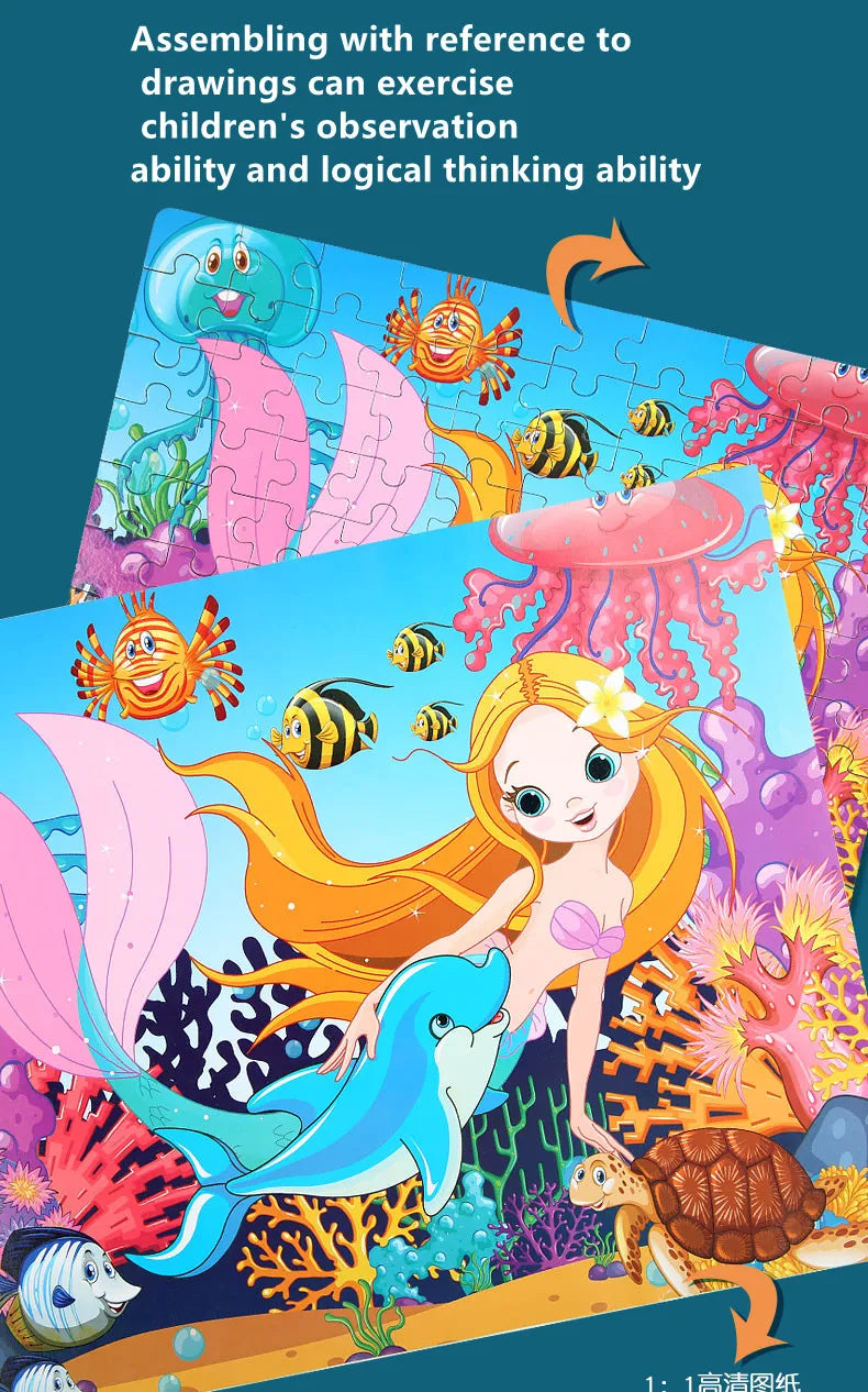 100PCS Kids Wooden Puzzle Set – Cartoon Animal & Vehicle Jigsaw Toys for Early Learning & Parent-Child Play