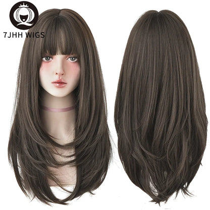 7JHHWIGS Long Straight Light Brown Synthetic Wig with Bangs – Heat-Resistant Daily Wear Wig for Women