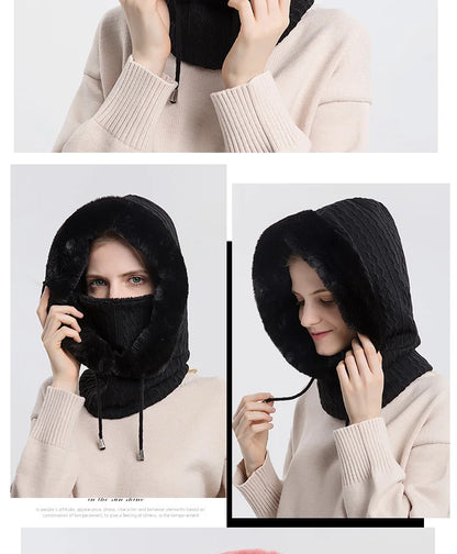 Winter Fur Cap Mask Set – Hooded Knitted Cashmere Neck Warmer, Plush Windproof Balaclava Ski Beanie for Women