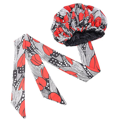 African Satin Lined Bonnet with Long Ribbon - Floral Ankara Print Head Wrap Turban Cap for Women