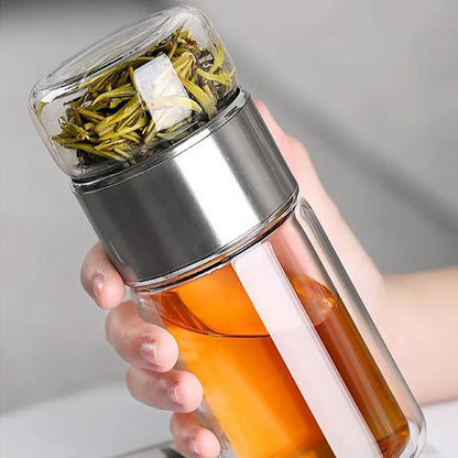 390ML High Borosilicate Glass Tea Water Bottle - Double Layer Tea Infuser Tumbler Cup Drinkware with Tea Filter
