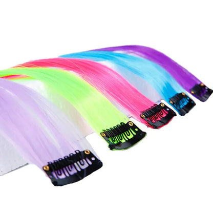 BUQI Straight Clip-In Colored Hair Extensions – Rainbow Synthetic Hair Streaks in Pink, Orange, White & Purple