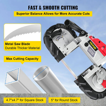 VEVOR Cordless Portable Bandsaw – 5-Inch Cutting Capacity, 10Amp Variable Speed Motor for Metal, Wood, Pipes & Rebar