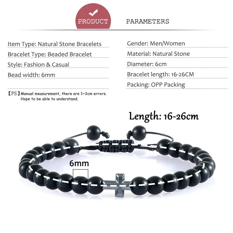 Natural Stone Bead Cross Bracelet - 6mm Braided Christian Prayer Jewelry with Jesus Charm for Men & Women