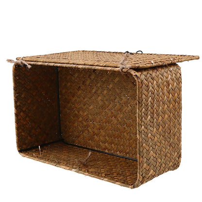 Rectangular Hand-Woven Rattan Wicker Storage Basket - Desktop Organizer for Sundries and Clothes Container