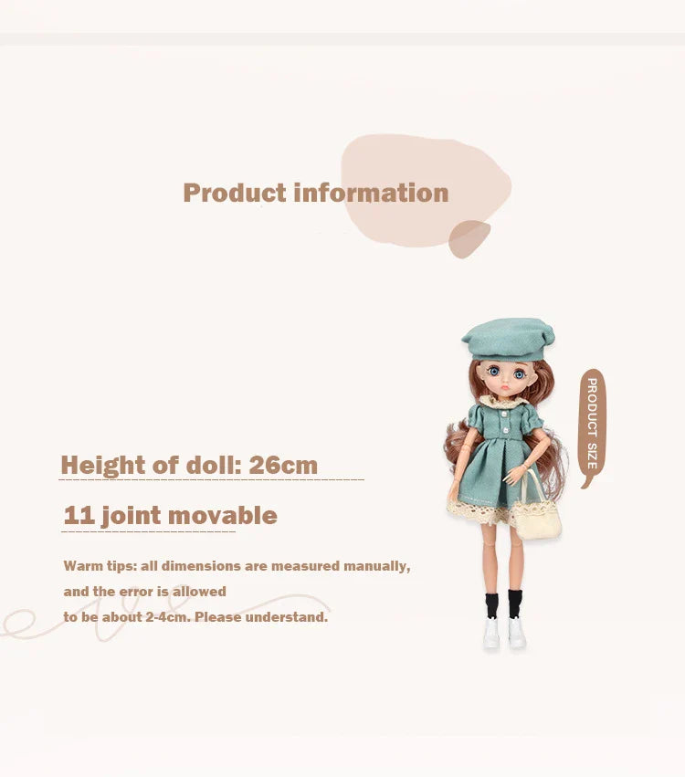 Slim 26cm BJD Doll for Girls – 13 Movable Joints with Princess Outfit, Blue Eyes & Eyelash Accessories