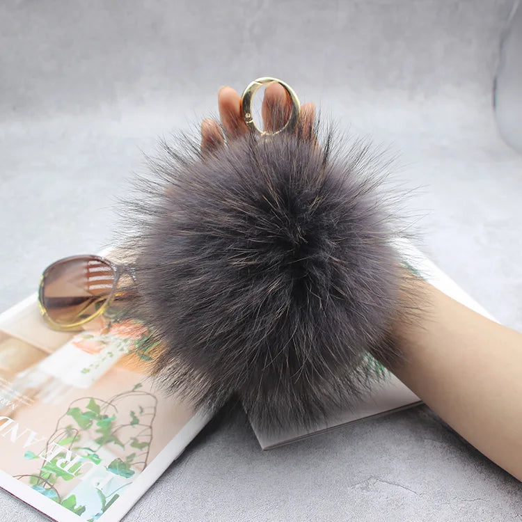 Luxury 15cm Fluffy Real Raccoon Fur Pom Pom Keychain – High-Quality Metal Ring Pendant for Women
