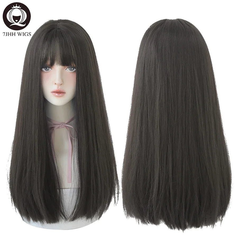 7JHHWIGS Long Straight Light Brown Synthetic Wig with Bangs – Heat-Resistant Daily Wear Wig for Women