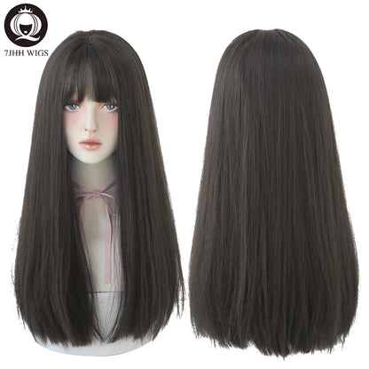 7JHHWIGS Long Straight Light Brown Synthetic Wig with Bangs – Heat-Resistant Daily Wear Wig for Women