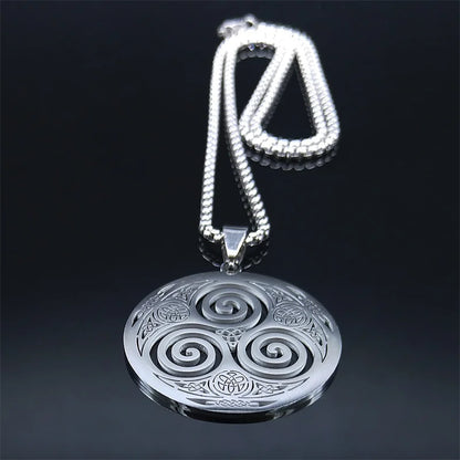 Stainless Steel Witchcraft Vortex Necklace – Viking Triskelion Celtic Knot Spiral, Silver Jewelry N7062S02