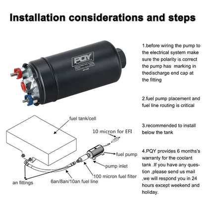 PQY EFI 380LH 1000HP External Fuel Pump – E85 Compatible, Top Quality 044 Style, Model PQY-FPB003-QY