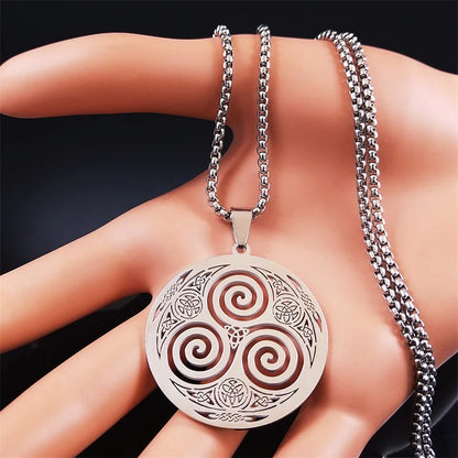 Stainless Steel Witchcraft Vortex Necklace – Viking Triskelion Celtic Knot Spiral, Silver Jewelry N7062S02