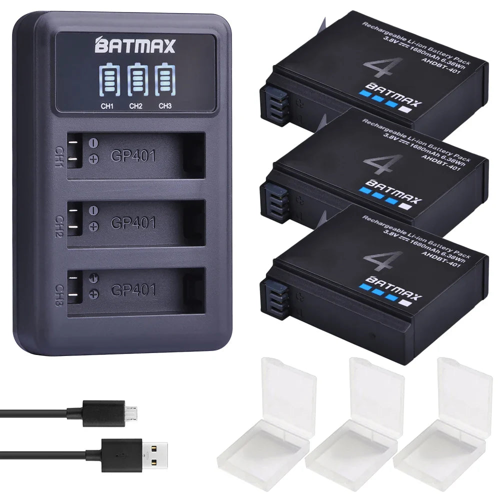 Batmax 1680mAh GoPro HERO4 Replacement Battery with 3-Slot LED USB Charger for AHDBT-401 Action Camera Accessories