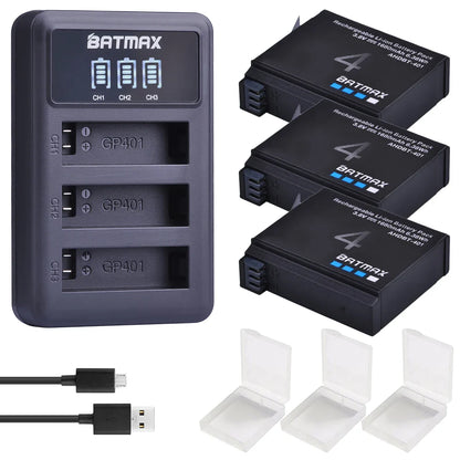 Batmax 1680mAh GoPro HERO4 Replacement Battery with 3-Slot LED USB Charger for AHDBT-401 Action Camera Accessories