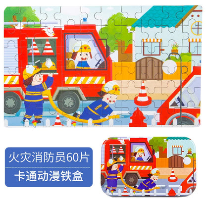 60PCS Wooden Puzzle Toys – Cartoon Vehicle & Animal Jigsaw for Kids’ Learning & Educational Play