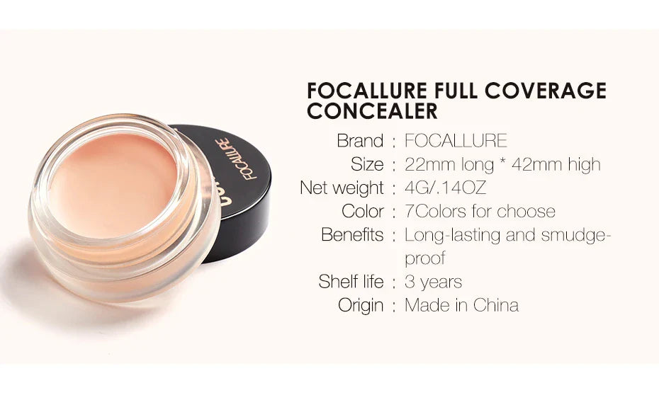 FOCALLURE Full Coverage Concealer Cream – Waterproof, Long-Lasting, Oil-Control & Lightweight Moisturizing Foundation Makeup