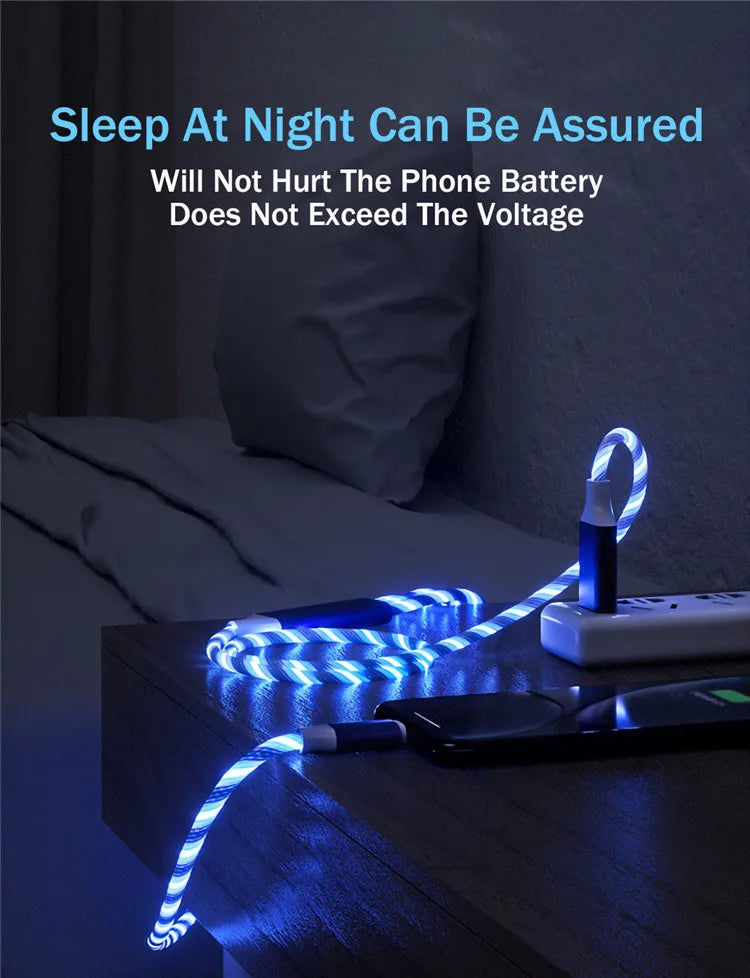3-in-1 LED Glowing Charging Cable – 3A Micro USB & Type-C Flowing Streamer Cord for iPhone, Xiaomi & Huawei