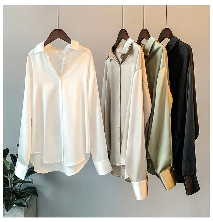 Elegant Satin Women’s Shirt — Loose Vintage Blouse with Turn-Down Collar for Spring & Autumn