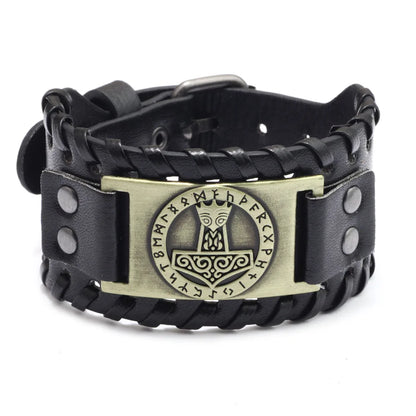 Totem Design Wide Leather Pirate Compass Bracelet - Men's Celtic Viking Jewelry, Party Gift Accessories
