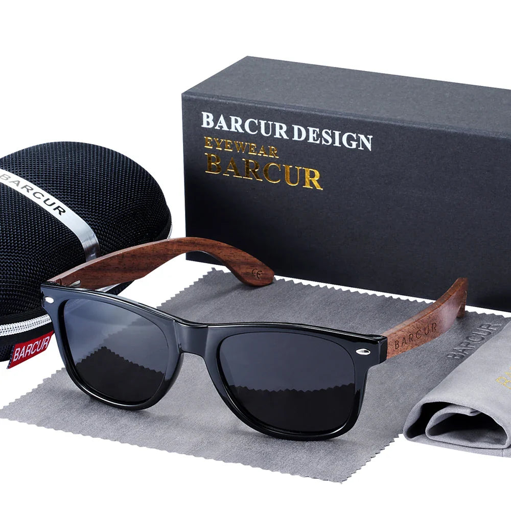 BARCUR Black Walnut Wood Polarized Sunglasses for Men – High-Quality Square UV400 Eyewear with Original Box