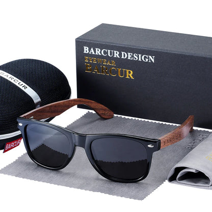 BARCUR Black Walnut Wood Polarized Sunglasses for Men – High-Quality Square UV400 Eyewear with Original Box