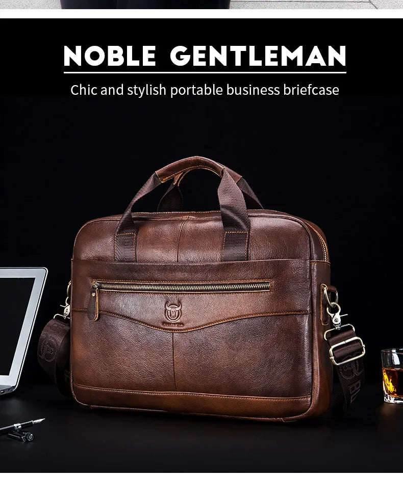 BULLCAPTAIN Men's Genuine Leather Briefcase – 14-Inch Laptop Shoulder Messenger Bag for Business & Office