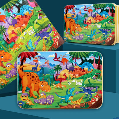 100PCS Kids Wooden Puzzle Set – Cartoon Animal & Vehicle Jigsaw Toys for Early Learning & Parent-Child Play