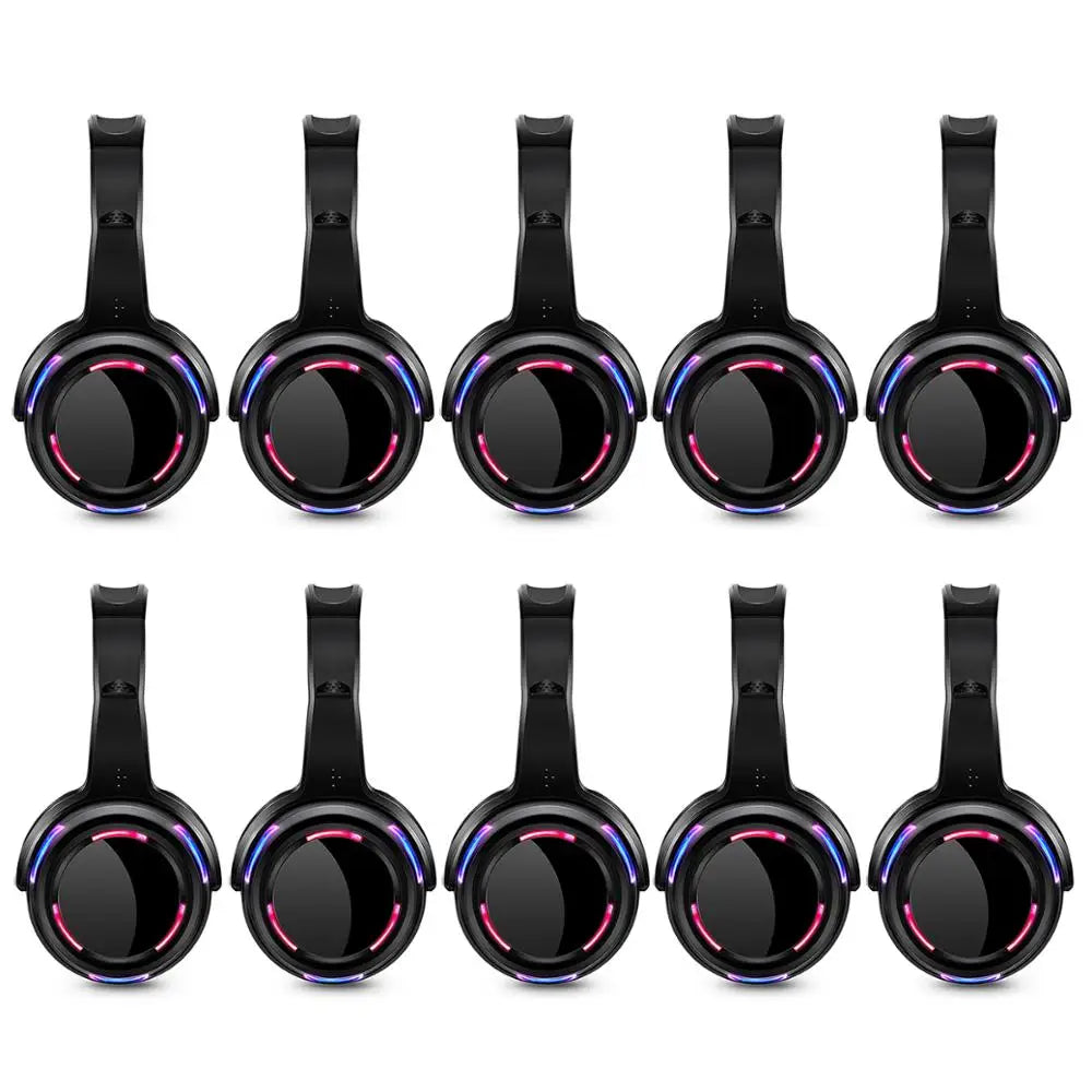 Silent Disco LED Headphones 10-Pack with 200m RF Wireless Transmitter – Party, DJ, Wedding, Club