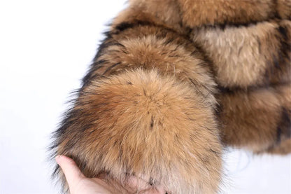 2025 Maomaokong Women’s Real Fur Coat – Natural Raccoon & Fox Fur Jacket with Hood, Warm Winter Outerwear