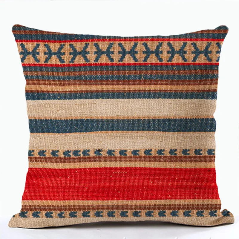 Bohemian Linen Cushion Cover – Multicolor Ethnic Geometric Pattern Decorative Pillow for Living Room Sofa