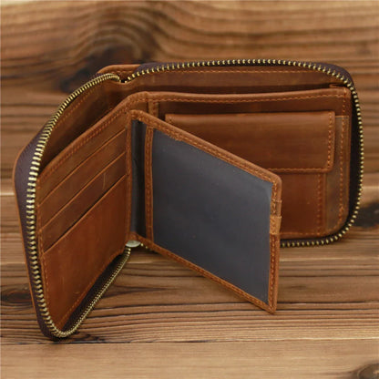 Men’s Genuine Leather Zipper Wallet – Compact Short Purse with Credit Card Slots, Cash & Coin Pocket