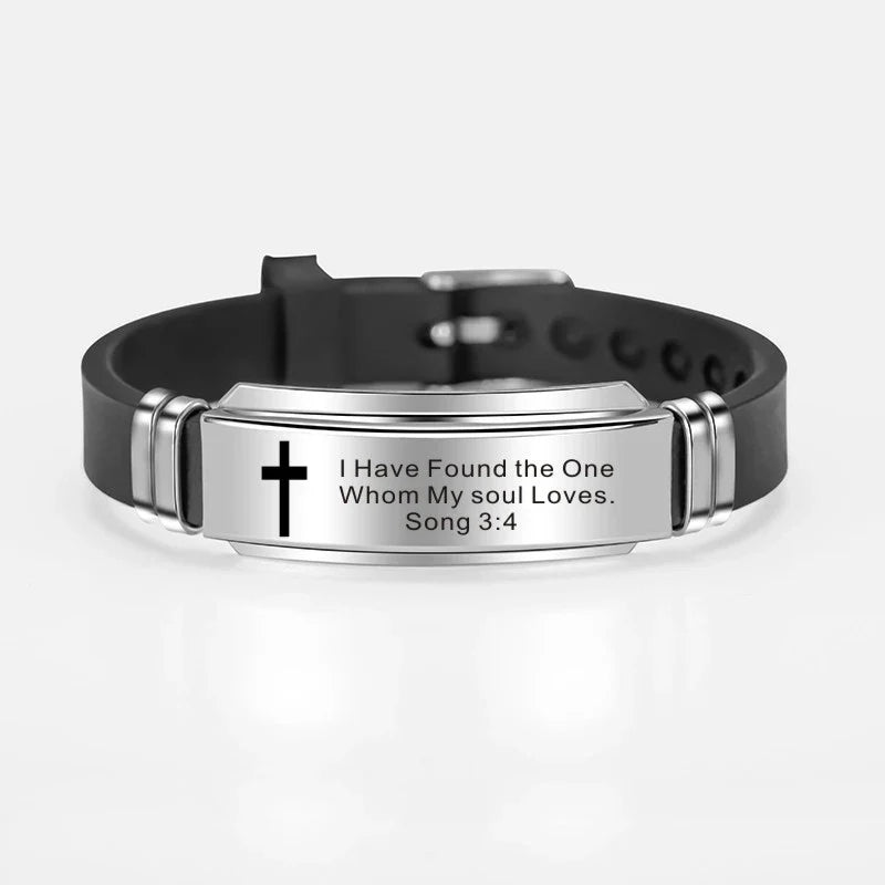 Cross Jesus Scripture Quote Bracelet – Christian Bible Verse Stainless Steel & Silicone Wristband