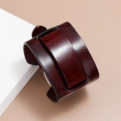 Modyle Fashion Wide Genuine Leather Bracelet – Brown and Black Cuff Bangles, Vintage Punk Wristband for Men