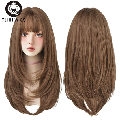 7JHHWIGS Long Straight Light Brown Synthetic Wig with Bangs – Heat-Resistant Daily Wear Wig for Women
