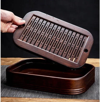 Natural Bamboo Wood Tea Tray – Rectangle Tea Set with Drainage, Water Storage Board for Chinese Tea Cups, Home Accessories