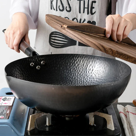 Konco 32cm Pure Cast Iron Wok – Non-Coated Chinese Wok Pan for Gas & Induction Cookers