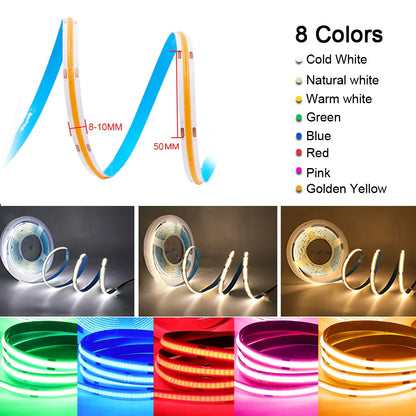 DC 5V USB LED COB Strip Light – High Density 320LED Flexible Tape Lighting in Warm White, Natural White, Red, Blue & Green for Home Decor